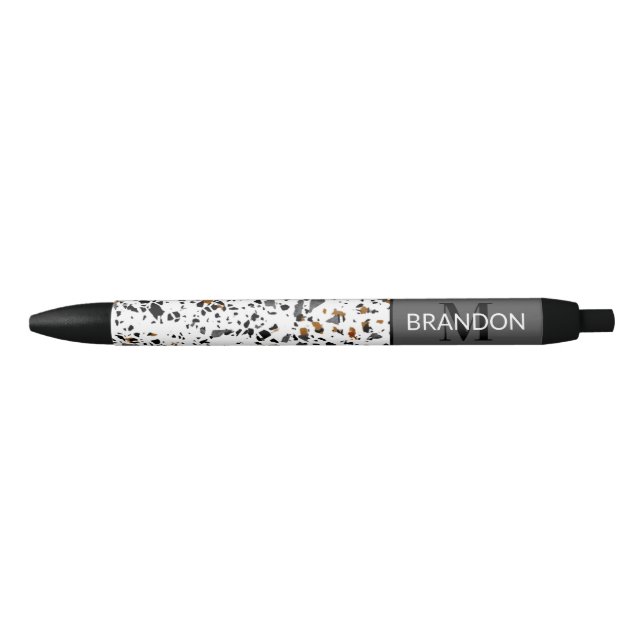 Custom Modern Teal Grey Brown Black Terrazzo Art Black Ink Pen (Front)