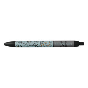 Custom Modern Teal Grey Brown Black Terrazzo Art Black Ink Pen