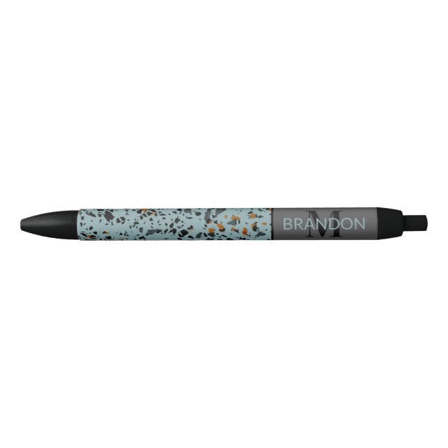 Custom Modern Teal Grey Brown Black Terrazzo Art Black Ink Pen (Front)