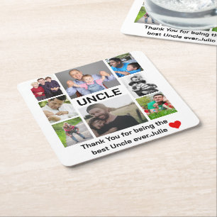 Custom modern Uncle 8 Photo Collage Square Paper Coaster