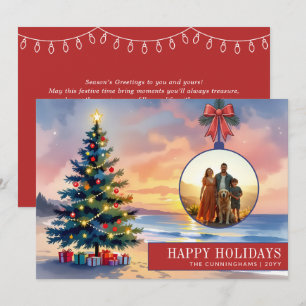 Custom Modern Watercolor Beach Christmas Ornament Holiday Card