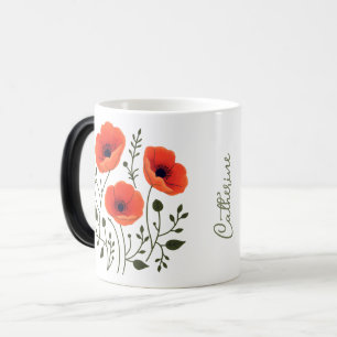 Custom Modern Watercolor Coral Poppies Magic Mug
