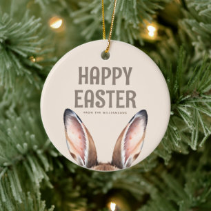 Custom Modern Watercolor Cute Easter Bunny Ears Ceramic Ornament
