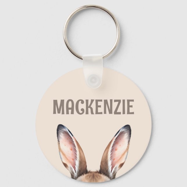 Custom Modern Watercolor Cute Easter Bunny Ears Keychain (Front)