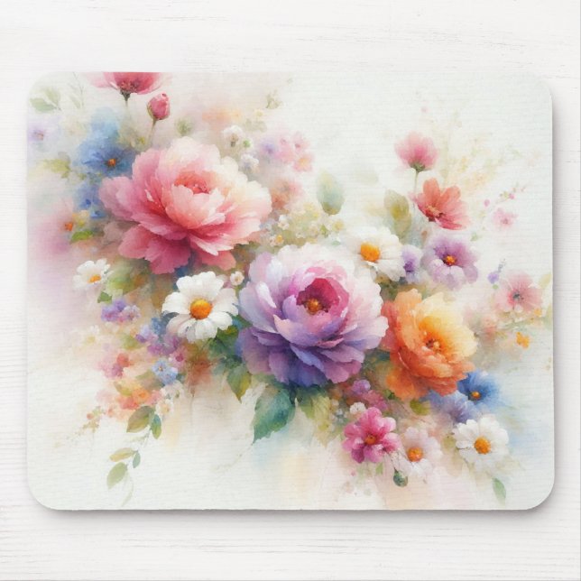 Custom Modern Watercolor Flowers Name Template Mouse Pad (Front)