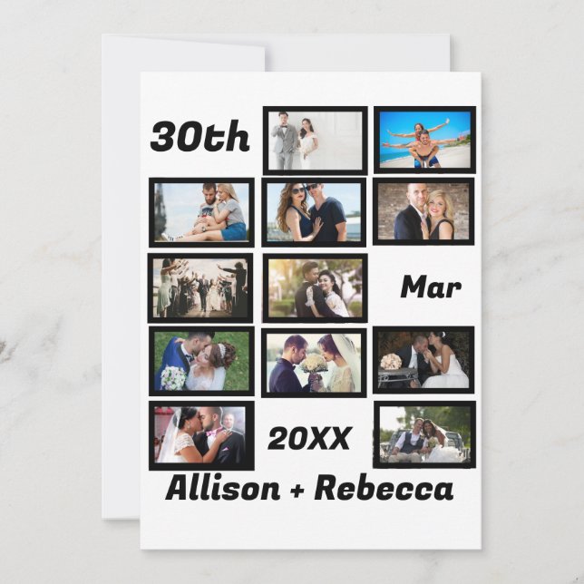 Custom Modern Wedding Anniversary 12 Photo Collage Thank You Card (Front)