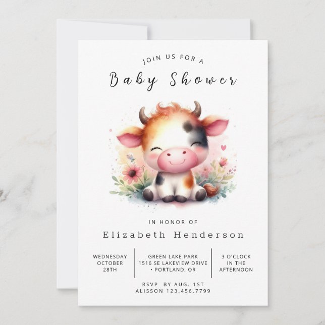 Custom Modern Whimsical Cow Baby Shower Invitation (Front)