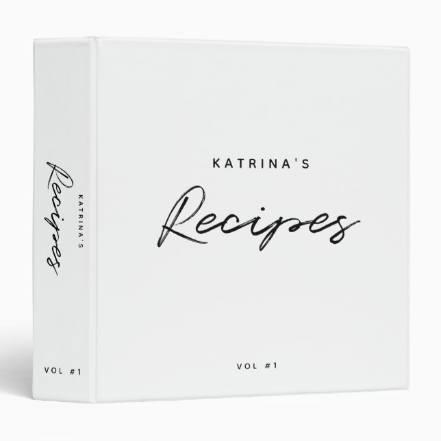 Custom Modern White Black Minimalist Script Recipe Binder (Front/Spine)