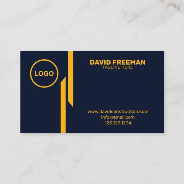 Custom Modern Yellow and Blue Logo Construction Business Card (Front)