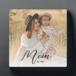 *Custom Mom Est. Modern Script White Overlay Photo Plaque<br><div class="desc">Celebrate your First Mothers Day with this soft modern Script "Custom Mom Est. Modern Script White Overlay Photo Plaque". This Custom Mom Established Year Plaque can be hung and it also has an attached easel, for tabletop display. It's the perfect New Mom Gift, and also great for veteran moms. This...</div>
