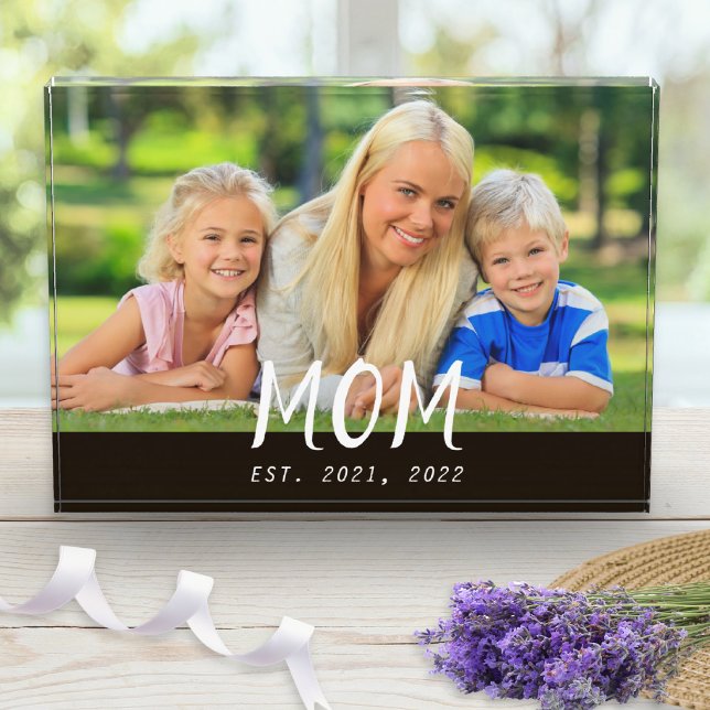 Custom Mom Established Modern Script Photo Block (A photo block with "Mom Est." design and custom year, ideal for Mother's Day)