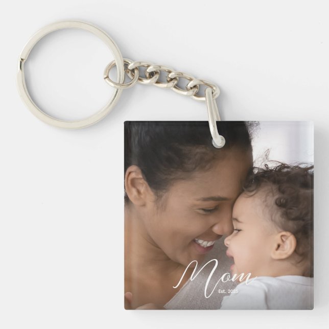 Custom Mom Established Modern Script Photo Keychain (Front)