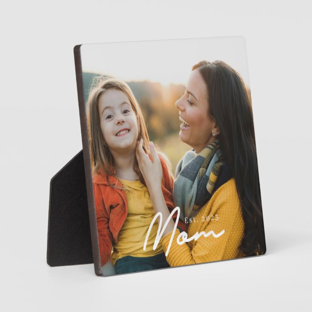 Custom Mom Established Modern Script Photo Plaque (Front)