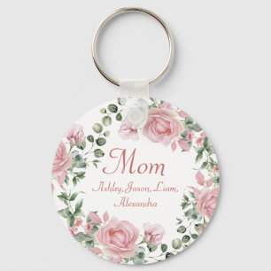 Custom Mom Pink Roses Floral 4 to 8 Kids Names Keychain