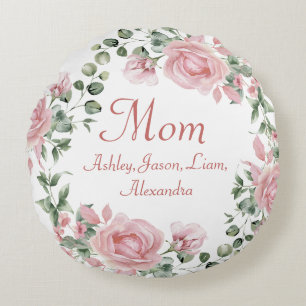 Custom Mom Pink Roses Floral 4 to 8 Kids Names Round Pillow