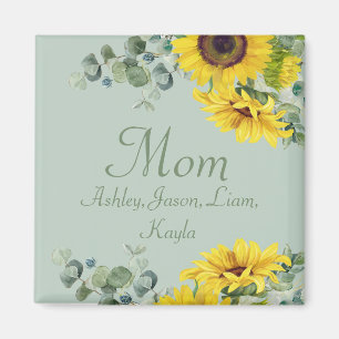Custom Mom Sunflower Floral 4 to 8 Kids Names Magnet