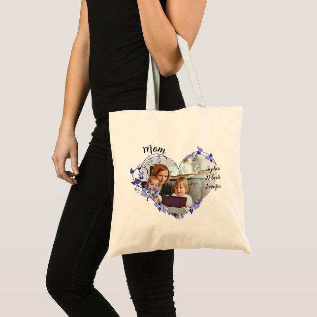 Custom Mom With Kids Names & Photo | flower heart Tote Bag (Front (Product))