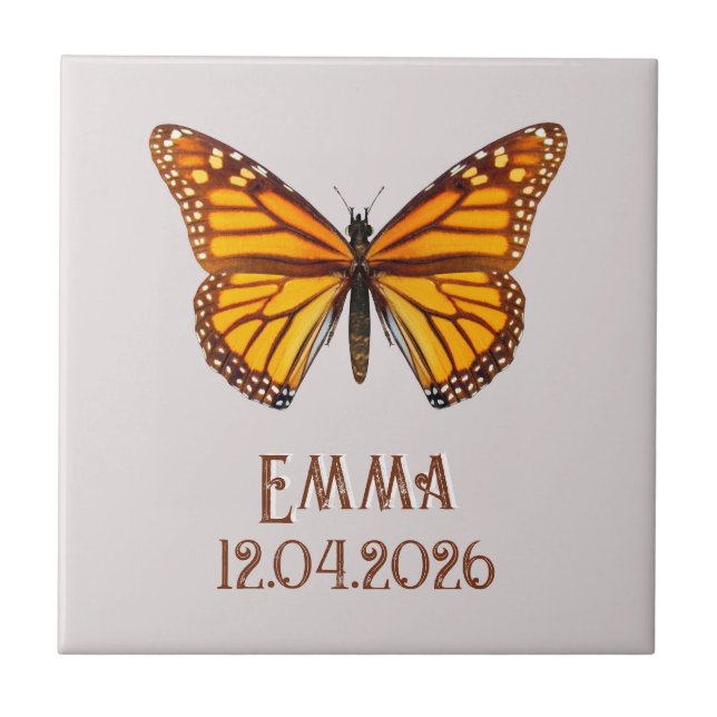 Custom Monarch Butterfly Name Date Art Tile (Front)