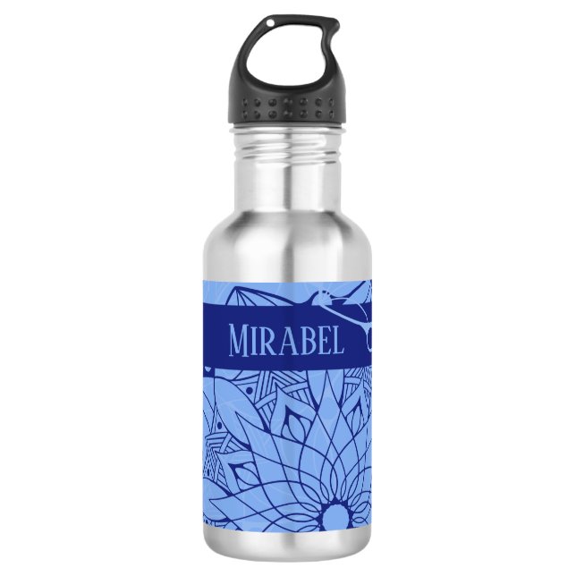 Custom Monochrome Blue Mandala Water Bottle (Front)