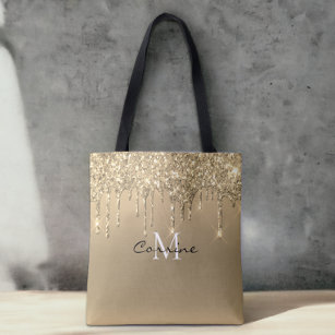 Custom Monogram 14k Ant Gold Drip Glitter Metallic Tote Bag