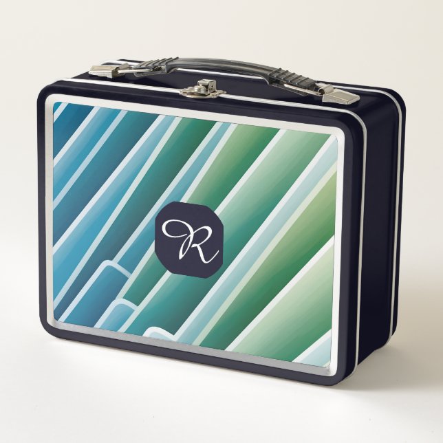 Custom Monogram Abstract Blue Green Metal Lunch Bo Metal Lunch Box (Front)
