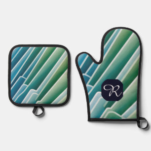 Custom Monogram Abstract Blue Green Oven Mitt & Pot Holder Set