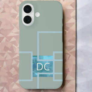 Custom monogram abstract geometric sage green teal iPhone 16 case