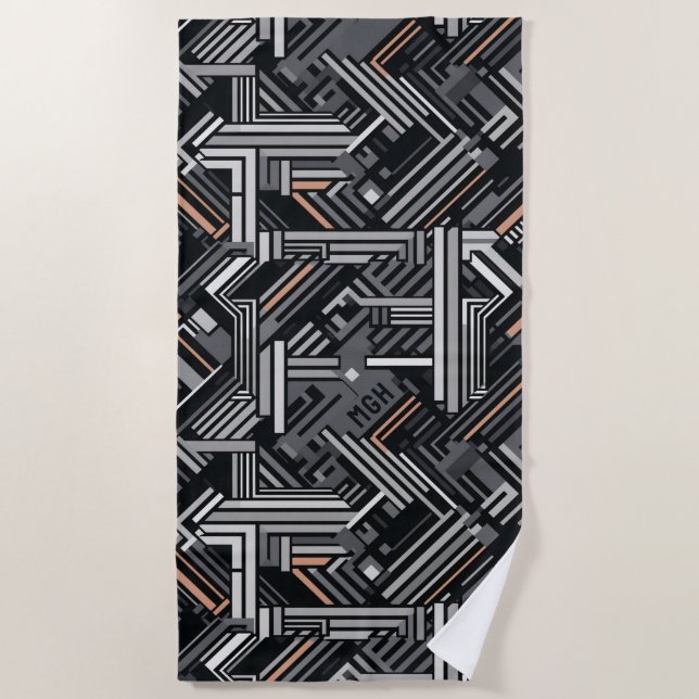 Custom Monogram Abstract Industrial Pattern Beach Towel (Front)