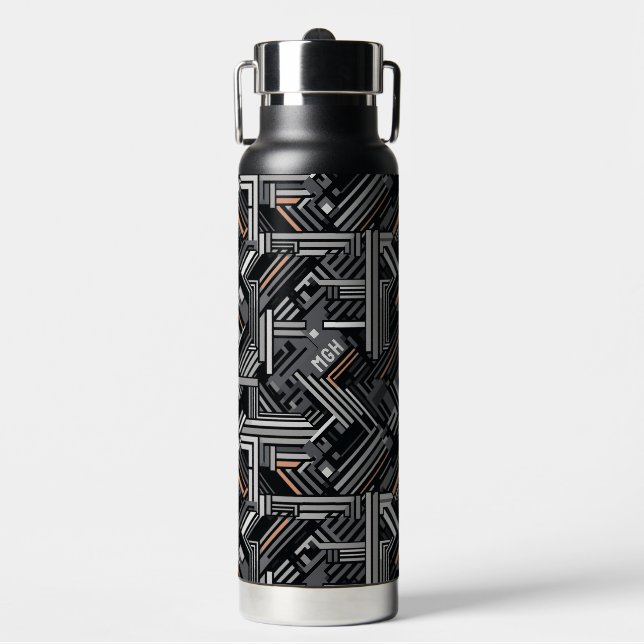 Custom Monogram Abstract Industrial Pattern Water Bottle (Front)