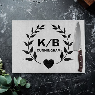 Custom Monogram and Surname Laurels and Heart Cutting Board