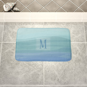 Custom Monogram Aqua Watercolor Waves Bath Mat