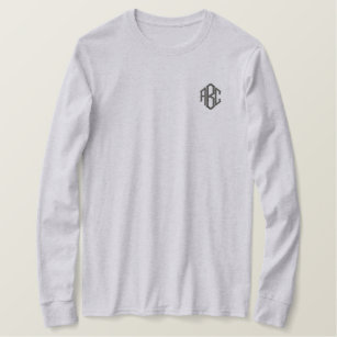 Custom Monogram Ash Grey Embroidered Long Sleeve T-Shirt
