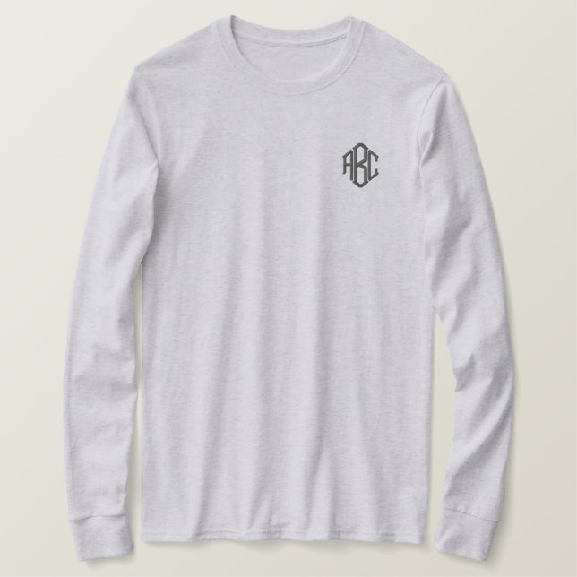 Custom Monogram Ash Grey Embroidered Long Sleeve T-Shirt (Design Front)