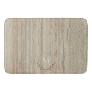 Custom Monogram Beige Travertine Marble Stone Bath Mat