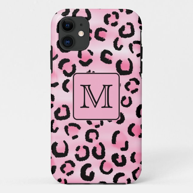 Custom Monogram. Black and Pink Leopard Print. Case-Mate iPhone Case (Back)