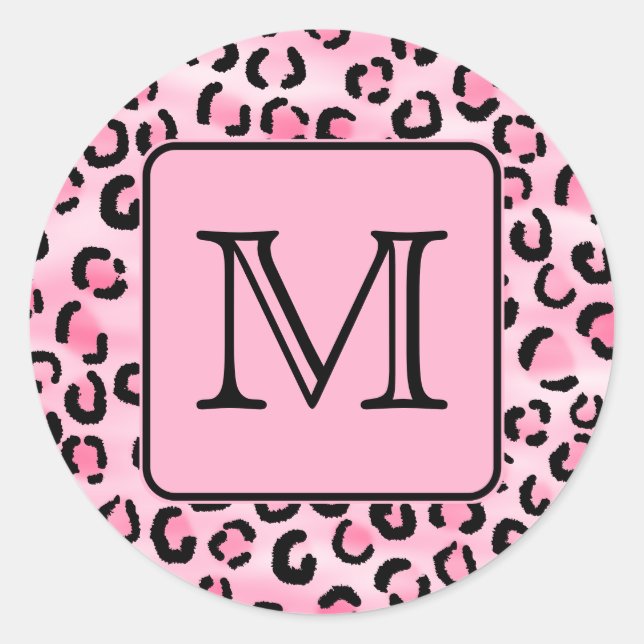 Custom Monogram. Black and Pink Leopard Print. Classic Round Sticker (Front)