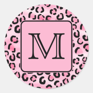 Custom Monogram. Black and Pink Leopard Print. Classic Round Sticker
