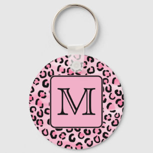 Custom Monogram. Black and Pink Leopard Print. Keychain