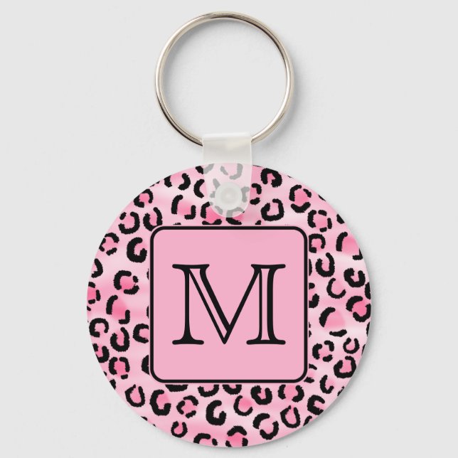 Custom Monogram. Black and Pink Leopard Print. Keychain (Front)