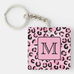 Custom Monogram. Black and Pink Leopard Print. Keychain