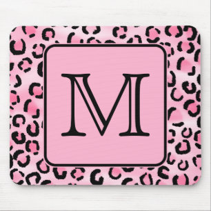 Custom Monogram. Black and Pink Leopard Print. Mouse Pad