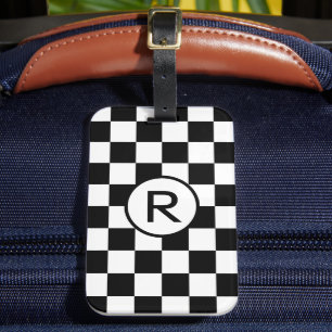Custom Monogram Black and White Chequered Pattern Luggage Tag