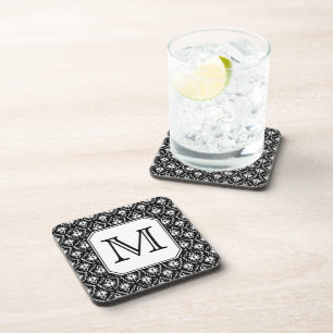 Custom Monogram. Black and White Damask Pattern. Coaster