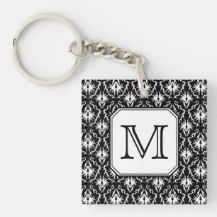 Custom Monogram. Black and White Damask Pattern. Keychain