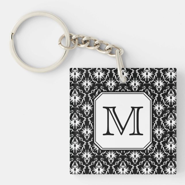 Custom Monogram. Black and White Damask Pattern. Keychain (Front)
