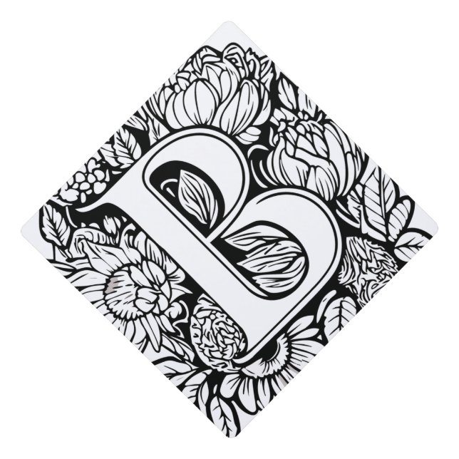 Custom Monogram Black and White Floral Tattoo Art  Graduation Cap Topper (Front)