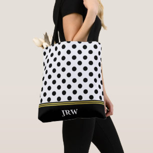 Custom Monogram Black and White Polka Dot Tote Bag
