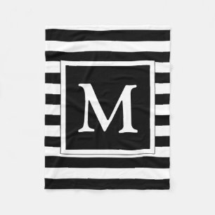 Custom Monogram Black and White Striped Pattern Fleece Blanket