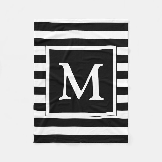Custom Monogram Black and White Striped Pattern Fleece Blanket (Front)
