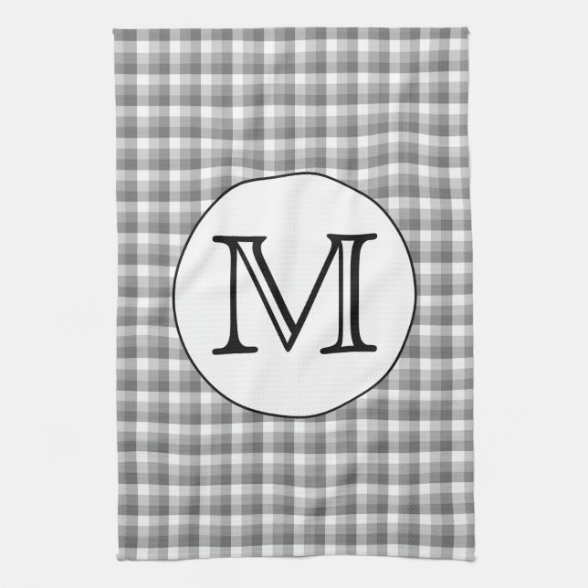Custom Monogram. Black and White with Grey Check. Kitchen Towel (Vertical)